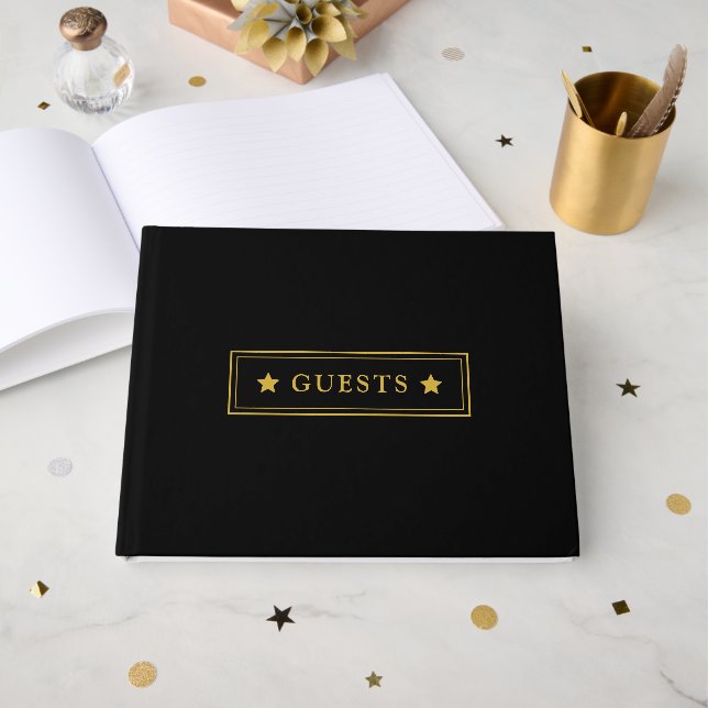 Elegant Black 10.5"x8.25" Foil Guest Book for Any (Front Open)