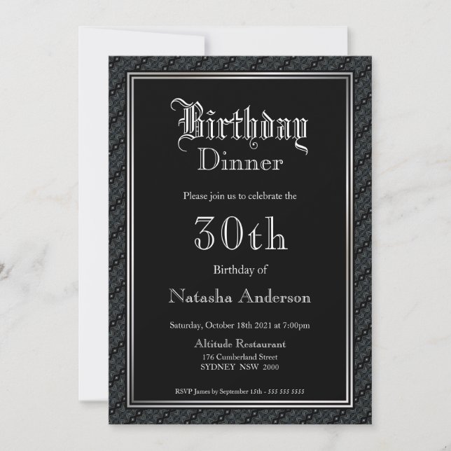 Elégant Black 30e anniversaire Dîner Invitation (Devant)