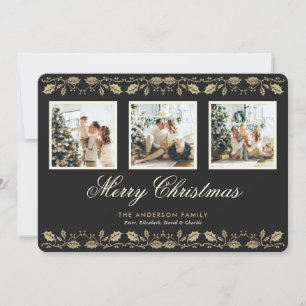 Elegant Black 3 Photo Merry Christmas Cards