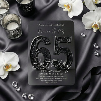 Elegant Black 3D Glitter Sparkle 65th Birthday Invitation