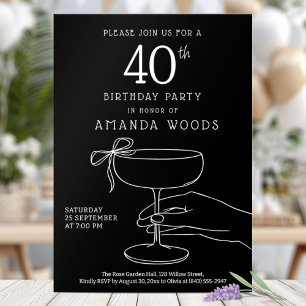 Elegant black 40th birthday with champagne glass invitation