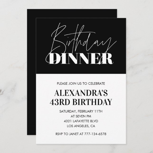 Elegant Black 43rd birthday invitations Dinner  (Front/Back)