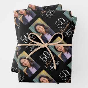 Elegant Black 50 and Fabulous 50th Birthday Photo Wrapping Paper Sheet