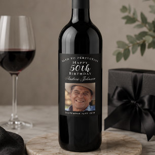 Elegant Black 50 Birthday Aged to Perfection Photo Wine Label