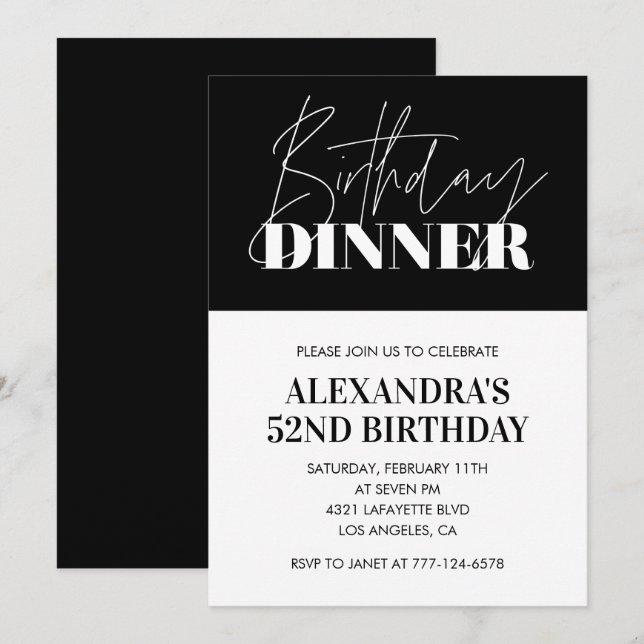 Elegant Black 52nd birthday invitations Dinner  (Front/Back)