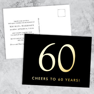 Elegant Black 60th Birthday Party Gold Foil Invitation Postcard