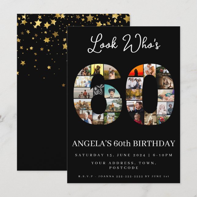 elegant black 60th birthday Photo Collage  Invitation (Front/Back)