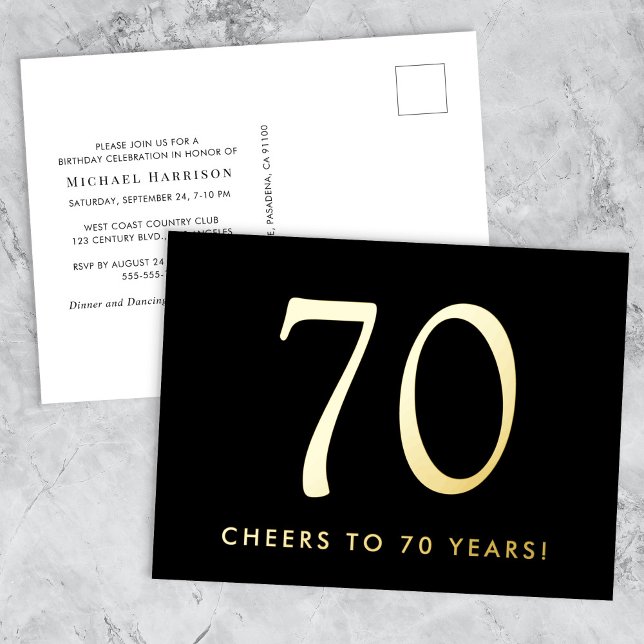 Elegant Black 70th Birthday Party Gold Foil Invitation Postcard (Creator Uploaded)
