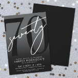Elegant Black 70th Birthday Party Invitation<br><div class="desc">Celebrate seventy years in style with this modern black and grey 70th birthday party invitation. The design features a large black "70" across most of the card, with a handwritten script-style white "Seventy" layered over it for a bold, contemporary look. The grey background creates an overall black and white effect,...</div>