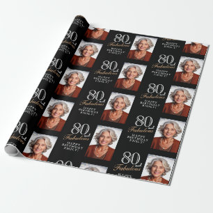 Elegant Black 80 and Fabulous 80th Birthday Photo Wrapping Paper