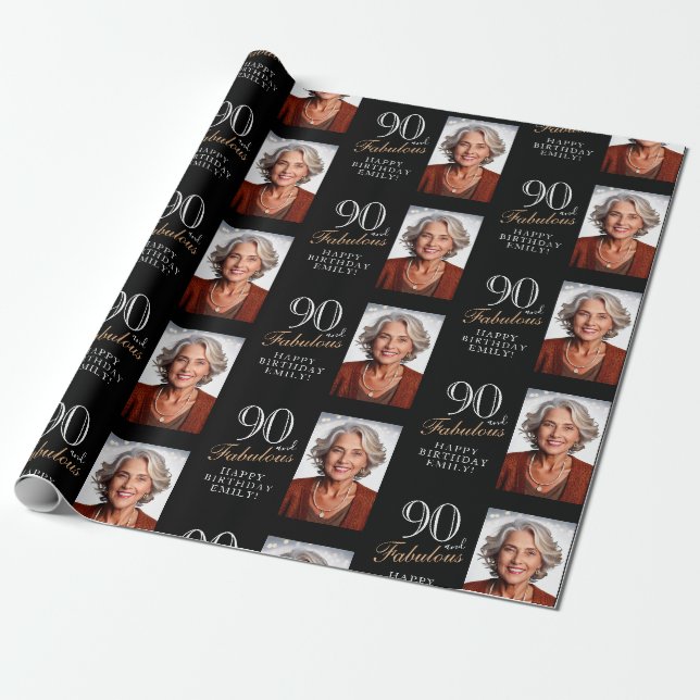 Elegant Black 90 and Fabulous 90th Birthday Photo Wrapping Paper (Unrolled)