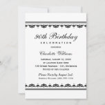 Elegant Black 90th Birthday Party Celebration Invitation<br><div class="desc">Elegant and chic milestone birthday party invitation features a script heading with custom text and damask / striped border detail. Square design. Classic black and white colour scheme.</div>