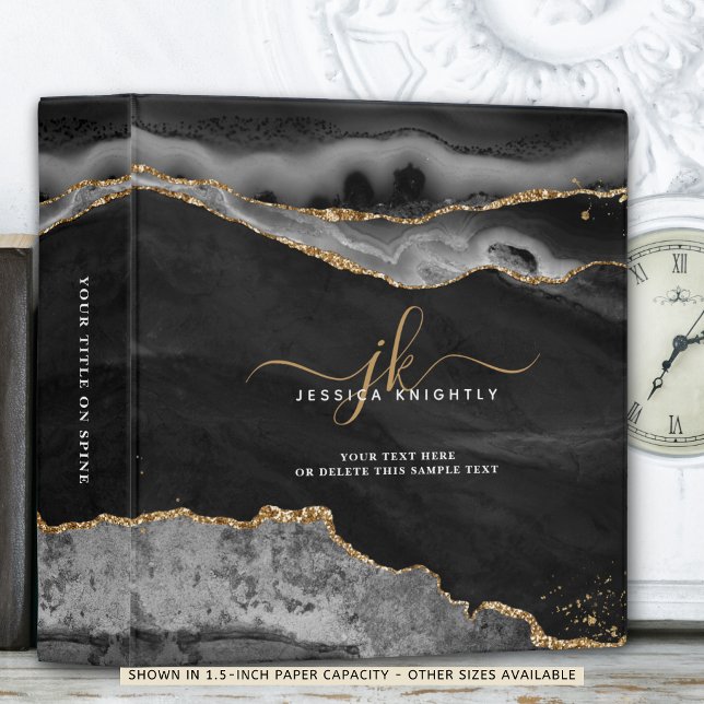 Elegant Black Agate Gold Glitter Script Monogram Binder (Creator Uploaded)