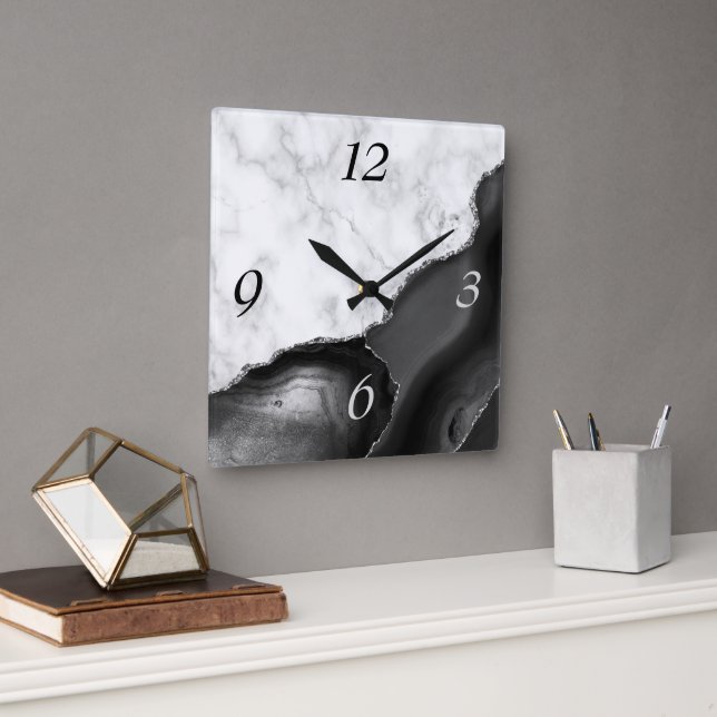 Elegant Black Agate Silver Glitter Marble Square Wall Clock (Office)