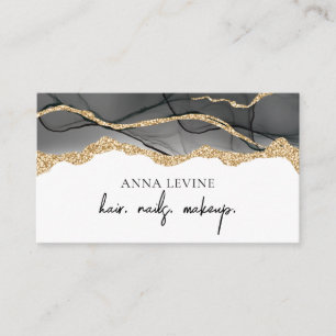Elegant Black Agate Slice and Gold Glitter Business Card