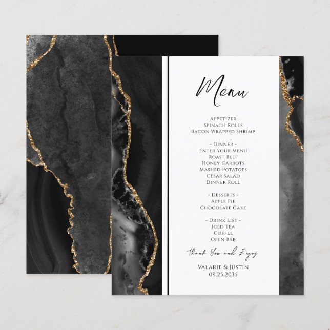 Elegant Black Agate Wedding Menu (Front/Back)