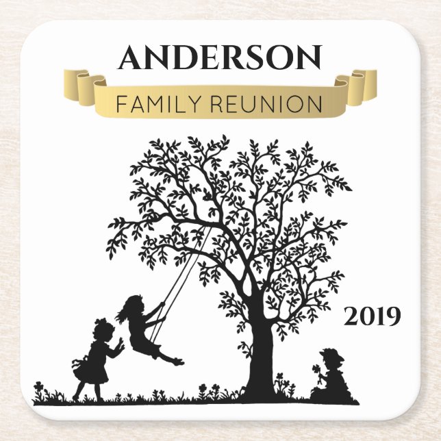 Elegant Black an Gold Personalized Family Reunion Square Paper Coaster (Front)