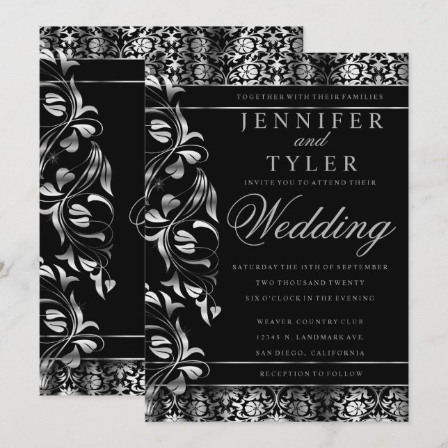 Elegant Black an Rich Silver Damask Invitation (Front/Back)