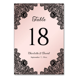 Elegant Black and Blush Pink Floral Lace Wedding Table Number