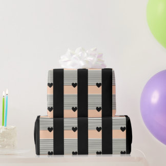 Elegant Black and Blush Pink Heart & Stripes Gift Wrapping Paper