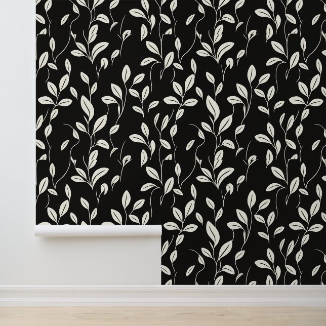 Elegant Black and Cream Leaf Pattern Wallpaper (Application)