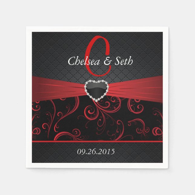 Elegant Black and Deep Red Floral Pattern Napkin (Front)