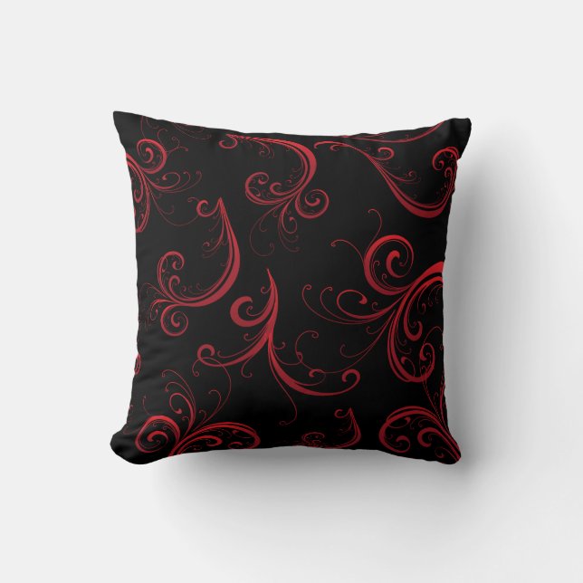 Elegant Black and Deep Red Floral Pattern Throw Pillow (Front)