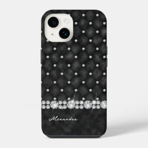 Elegant Black and Diamond Faux Glitter Monogram iPhone 14 Case