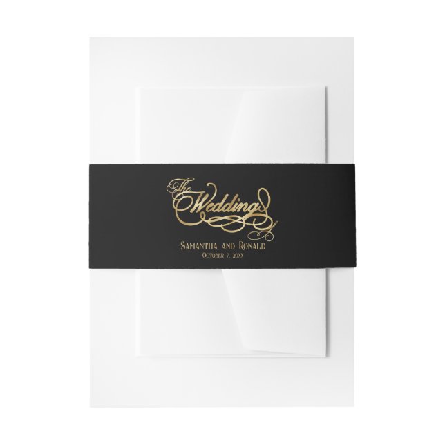Elegant Black and Faux Gold Calligraphy Wedding Invitation Belly Band (Front Example)