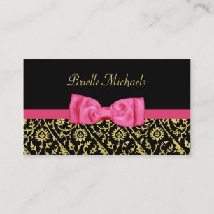 Elegant Black and Faux Gold Damask Hot Pink Bow Business Card
