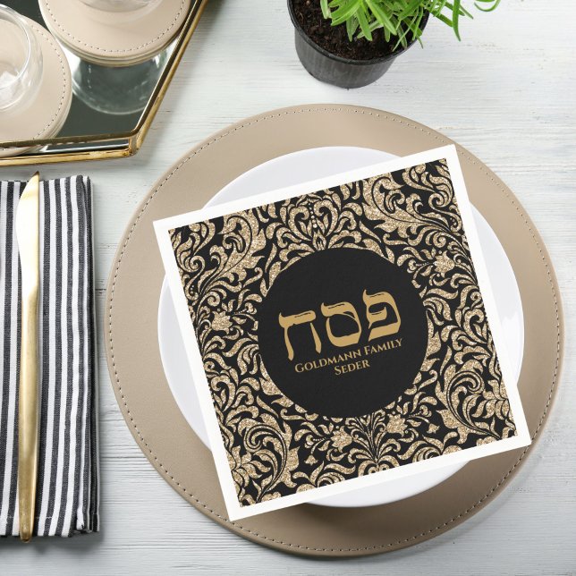 Elegant Black and Glitter Gold Hebrew Passover Napkin (Creator Uploaded)