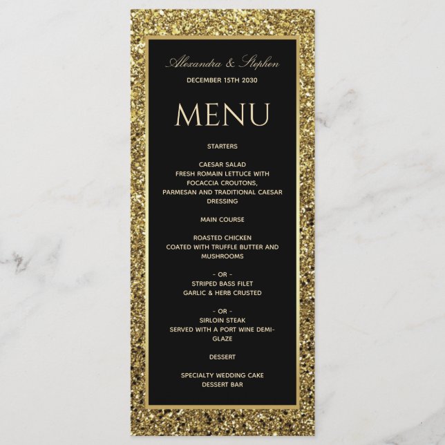 Elegant Black and Glitter Gold Wedding Menu (Front)