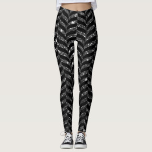 Elegant Black And Glitter Look Chevron Print Leggings
