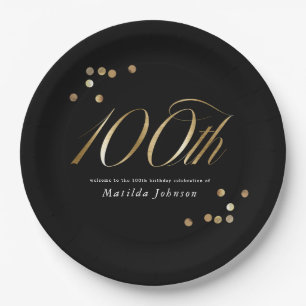 Elegant Black and Gold 100th Birthday Party Paper Plate