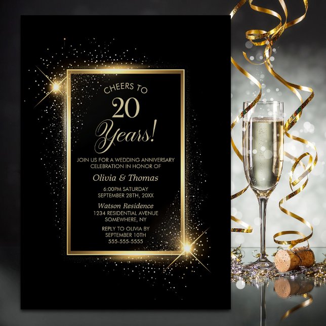Elegant Black and Gold 20th Wedding Anniversary Invitation (Creator Uploaded)