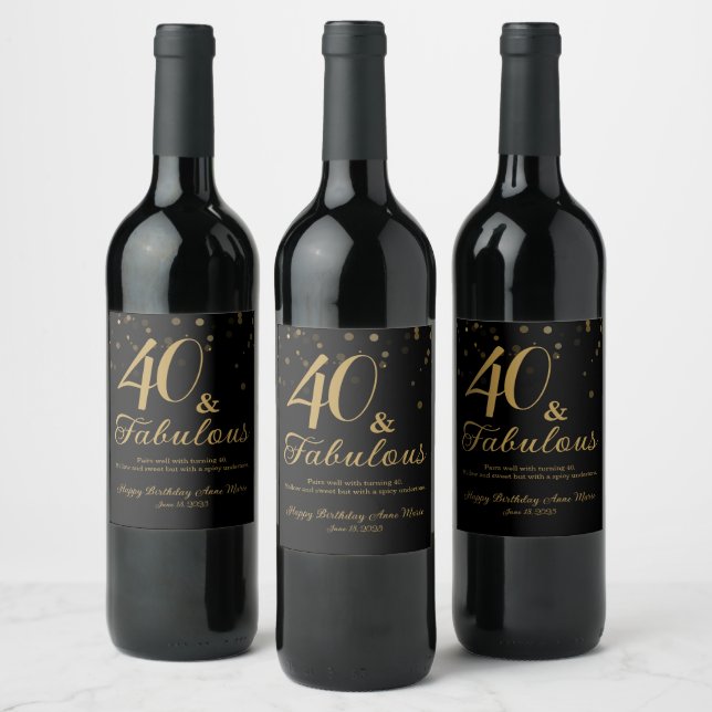 Elegant Black and Gold 40 and Fabulous Birthday Wine Label (Bottles)