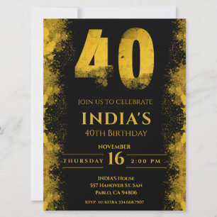 Elegant Black And Gold 40th Birthday Party Invitation