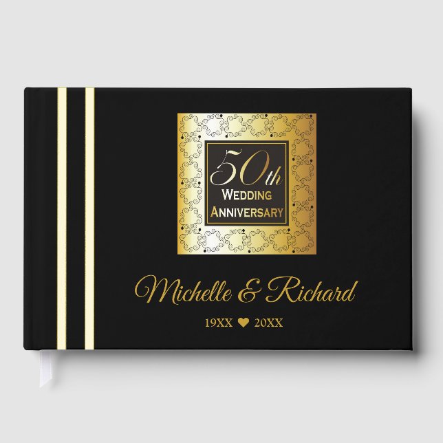 Elegant Black And Gold 50th Anniversary Photo Guest Book (Front)