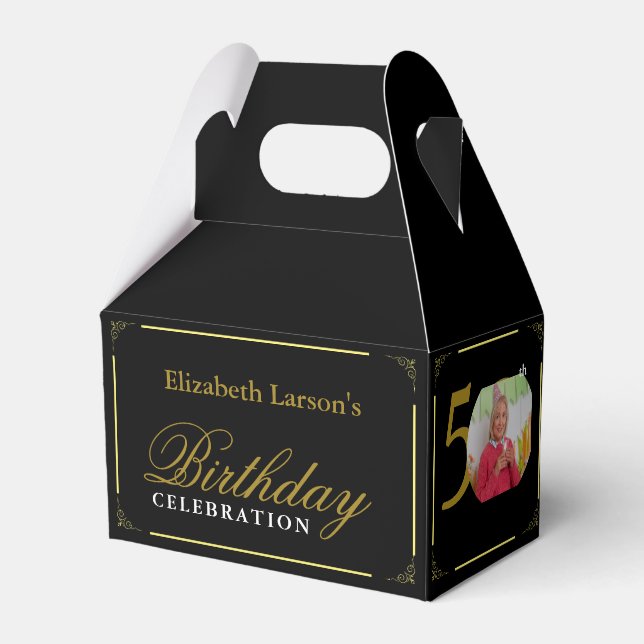 Elegant Black and Gold 50th Birthday Invitation Favor Box (Front Side)