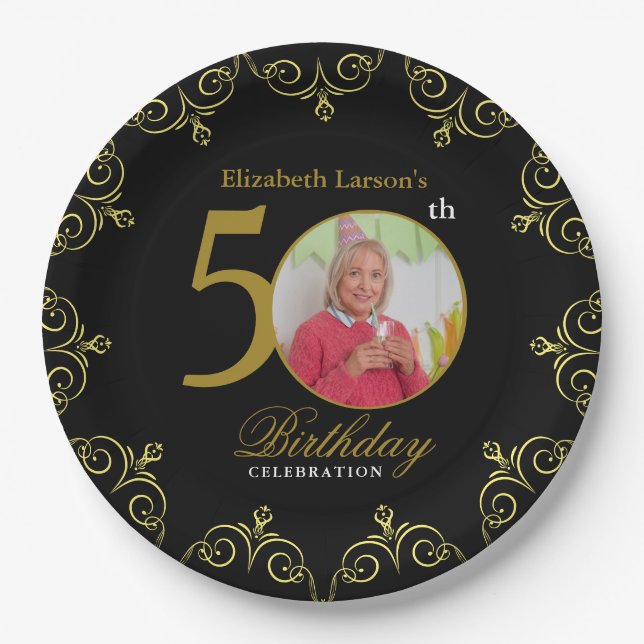 Elegant Black and Gold 50th Birthday Invitation Paper Plate (Front)