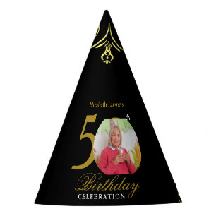 Elegant Black and Gold 50th Birthday Invitation Party Hat