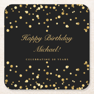 Elegant Black And Gold 50th Birthday Square Paper Coaster