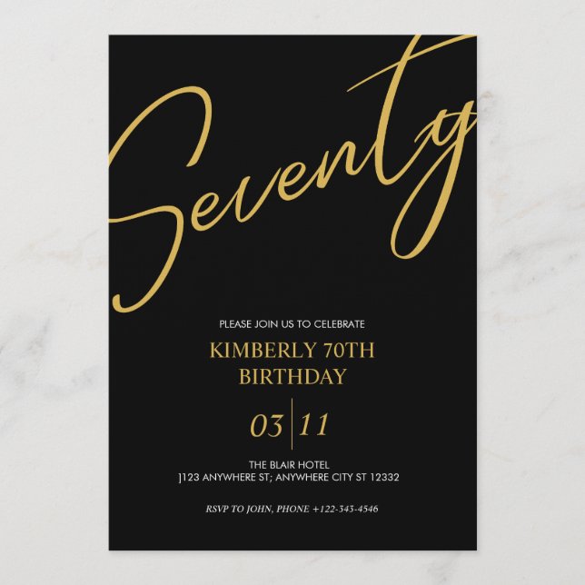 Elegant Black and Gold 70th Birthday Party Invitation (Front)