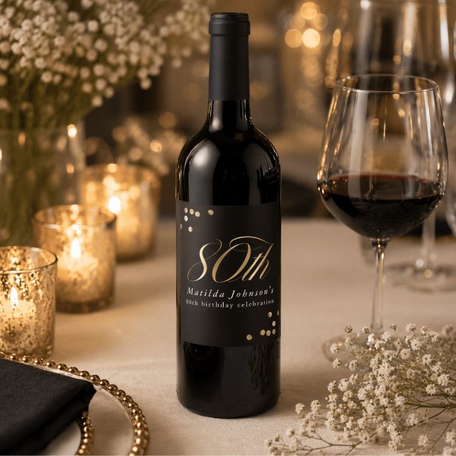 Elegant Black and Gold 80th Birthday Party Wine Label (Elegant Custom Photo Black and Gold 80th Birthday wine bottle label)