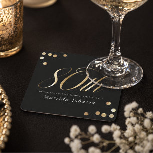 Elegant Black and Gold 80th Birthday Square Paper Coaster