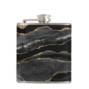 Elegant Black And Gold Agate Marble Hip Flask