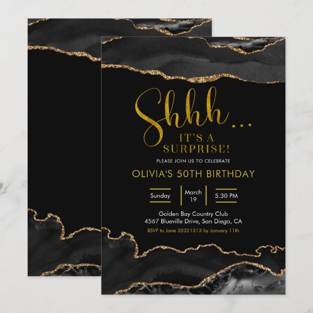 Elegant Black and Gold Agate Surprise Birthday Invitation (Front/Back)