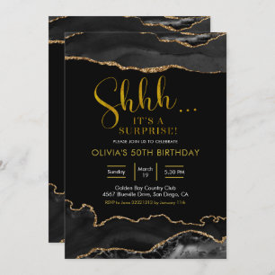 Elegant Black and Gold Agate Surprise Birthday Invitation
