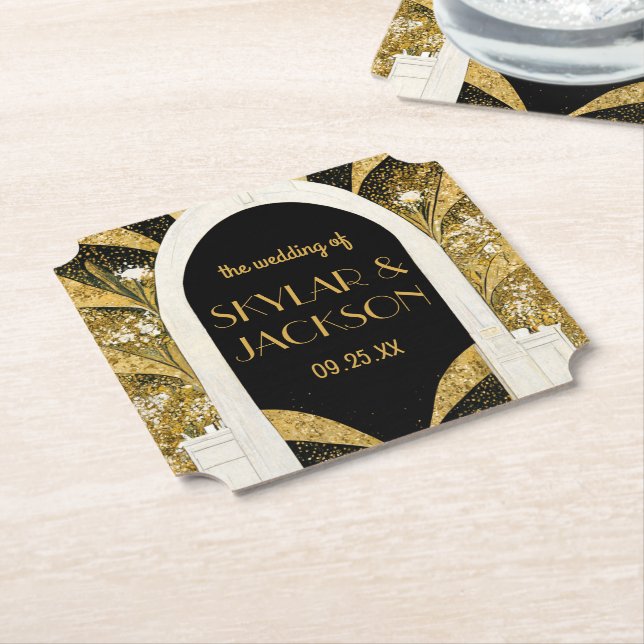 Elegant Black and Gold Art Deco Archway Wedding Paper Coaster (Angled)