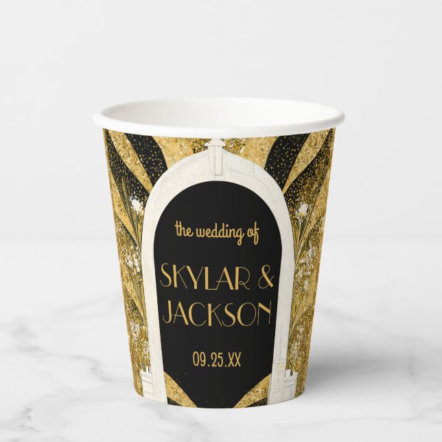Elegant Black and Gold Art Deco Archway Wedding Paper Cups (Front)